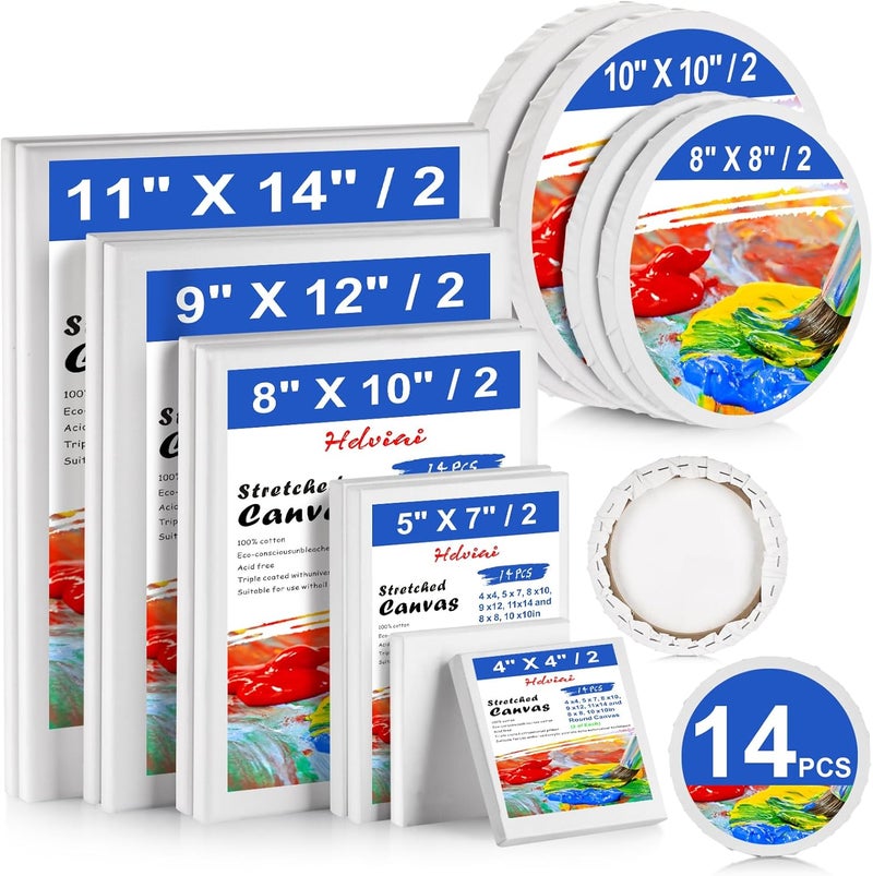 Hdviai قماش مشدود - 4x4، 5x7، 8x10، 9x12، 11x14 وقماش دائري 8x8، 10x10 (2 من كل حجم) إجمالي 14 قماش - 100% قماش قطن فارغ للزيوت والأكريليك والصب. - Image 1